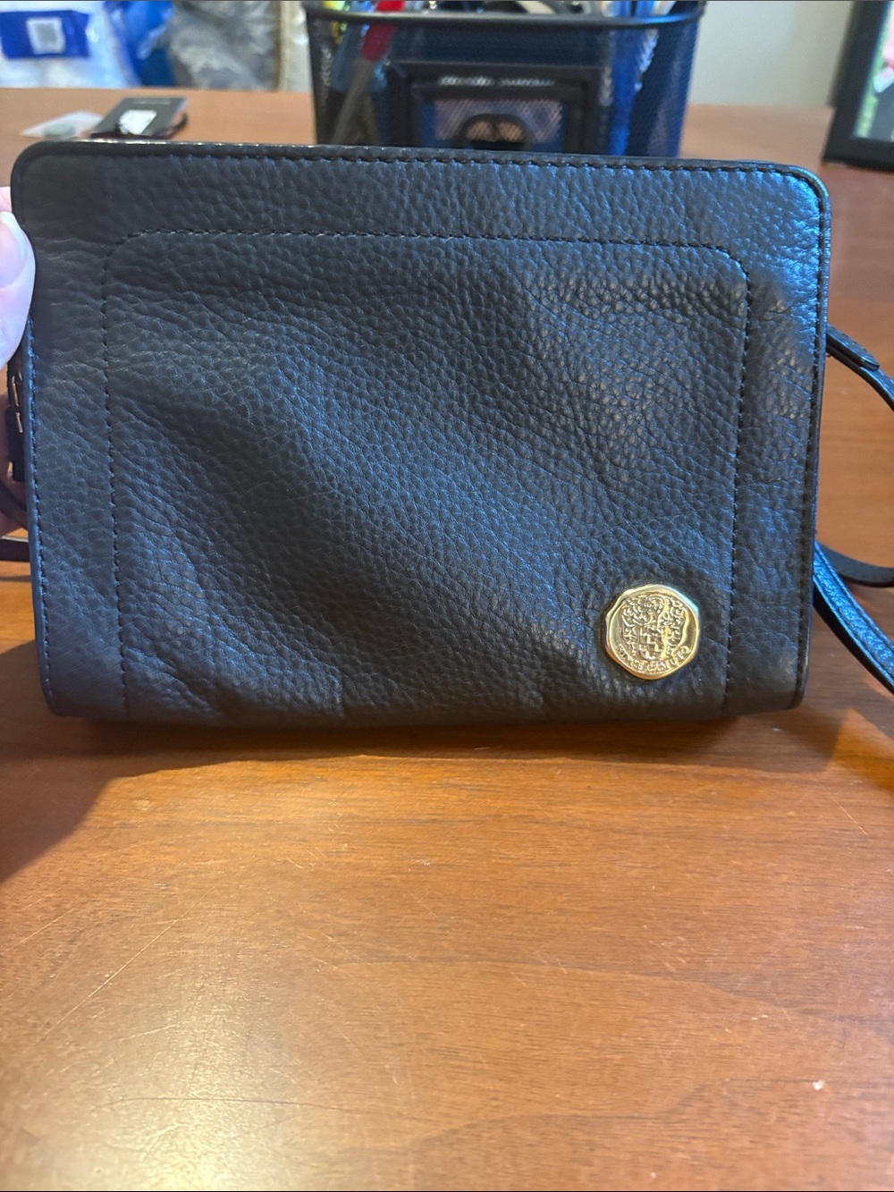 Vince Camuto Black Pebbled Leather Mini Crossbody with Gold Emblem